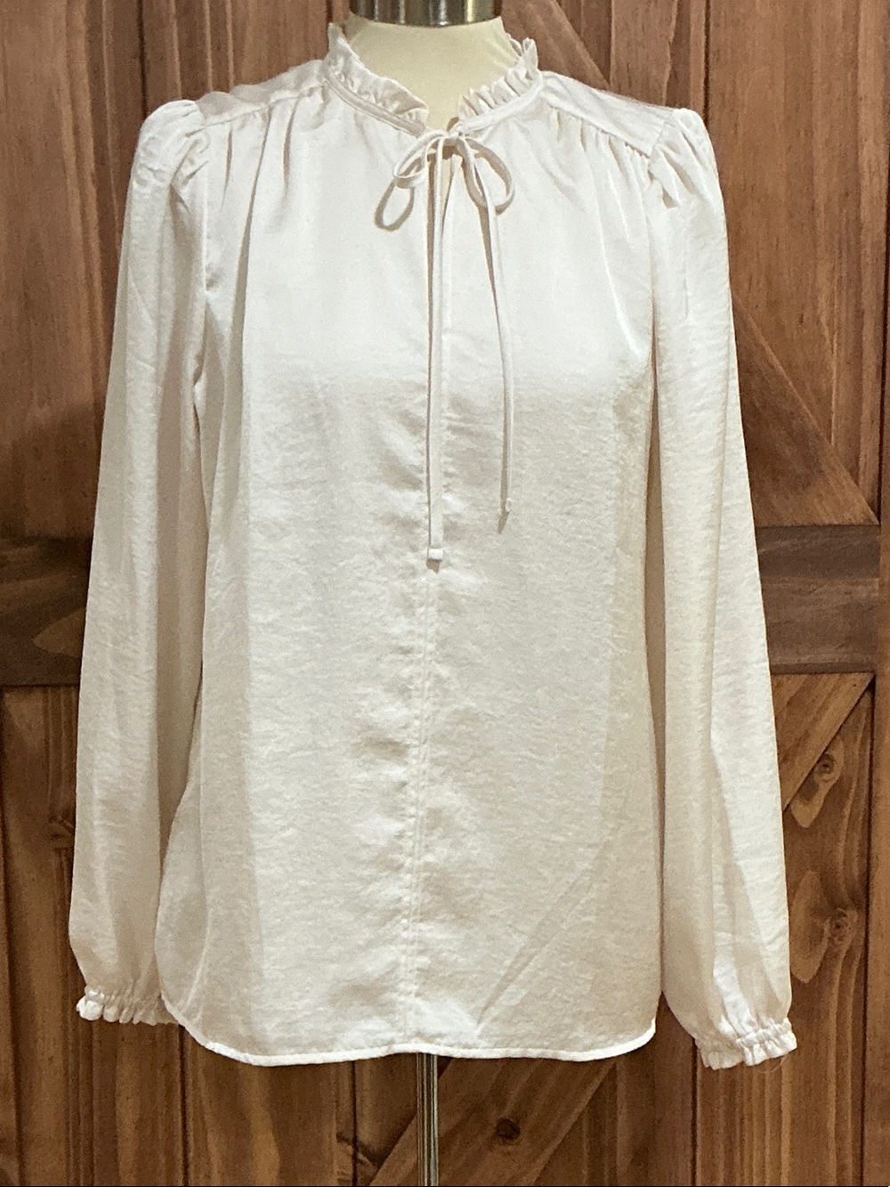 LOFT Cream Tie-Neck Ruffle Blouse
